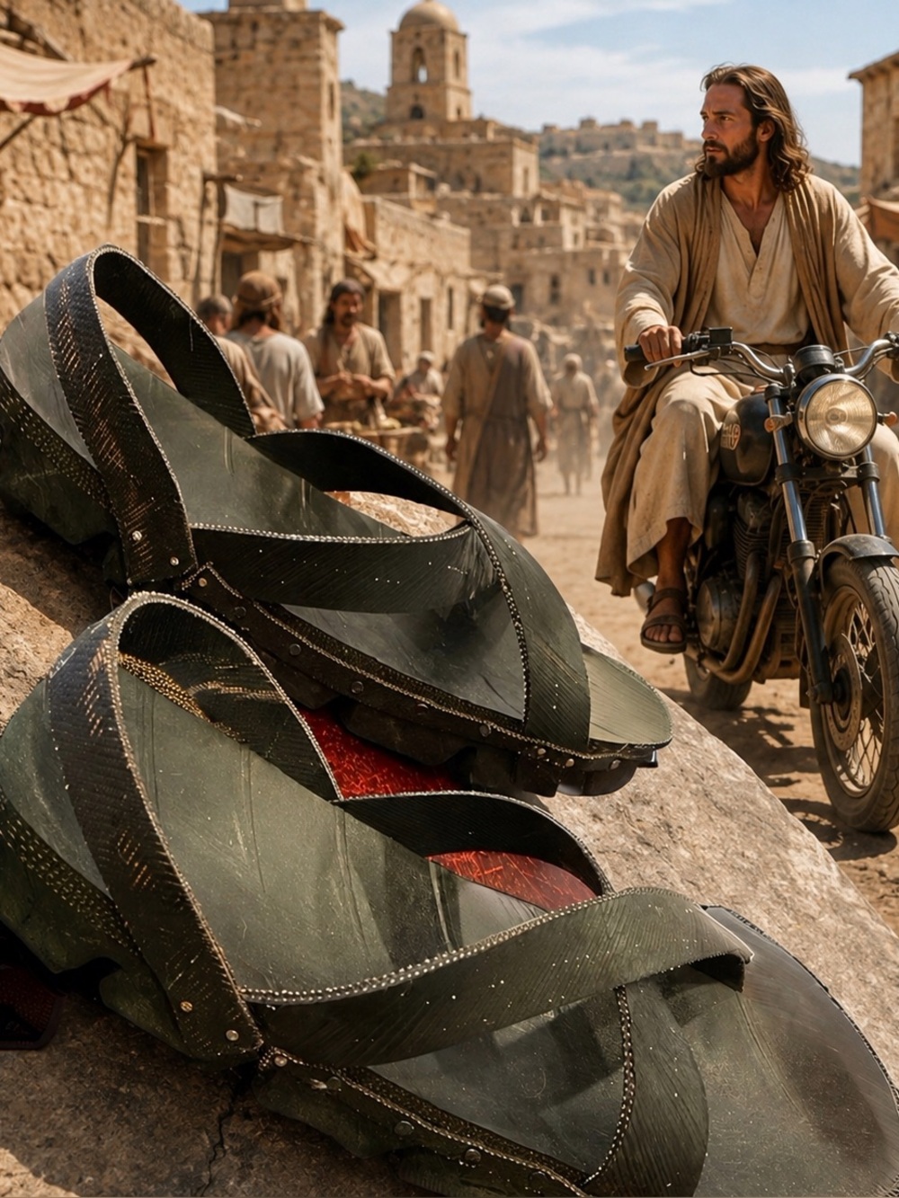 Incredible film-prop sandals custom-made by a film studio out of tires & leather